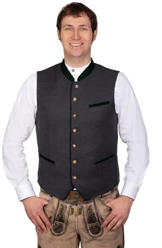 Edelnice Trachtenmode Elegante gilet tradizionale in morbida lana Roland, grigio con bordi verdi, taglia 46-64