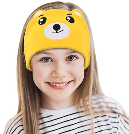 Laelr Kids Headband Headphones Soft Fleece Wireless Bluetooth Headband Headset with Built-in Microphone Voice Prompt Hi-Fi Stereo Super Bass Music Sleep Eye Mask for Travel and Sleeping (Yellow)