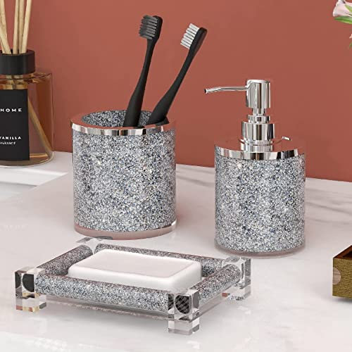 SHYFOY Juego de accesorios de baño, juego de 3 piezas de accesorios de baño de cristal plateado triturado, juego de accesorios de baño de cristal, organizador de tocador incluye dispensador de jabón,