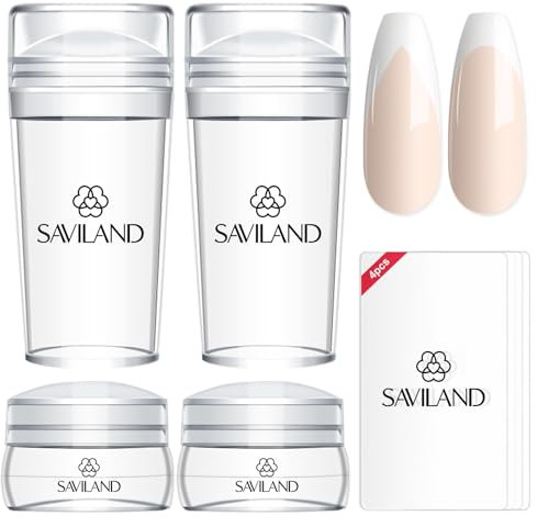 Saviland Nail Stamper Kit – 2+2PCS Long & Short French Tip Nail Art Stamper Clear Silicone Jelly Stamper for Nails with Scrapers Nail Design Tools Kit for Home DIY Manicure Nail Salon Use
