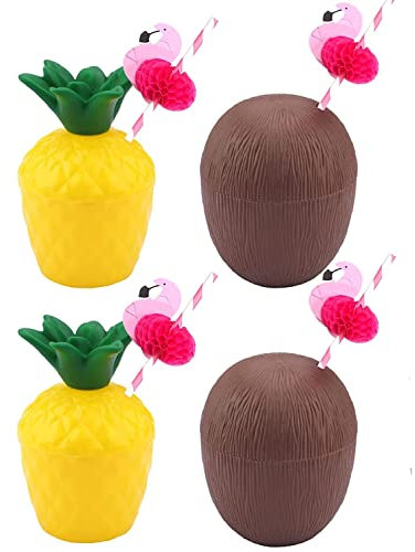 4 Stück Hawaii-Party-Kokosnussbecher, Ananas-Tassen-Set, hawaiianische Tassen mit Flamingo-Trinkhalmen, tropische Cocktail-Party-Trinkbecher, hawaiianische Luau-Tassen für Strand-Themen, Sommerparty