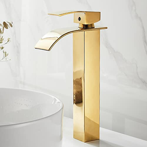 Wasserhahn Wasserfall Gold Einloch-Waschtischarmatur Für Warm- Und Kaltwasser Messing Wasserhahn Aufsatzwaschbecken,Golden A