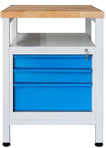 PROREGAL Werkbank Slim Rhino mit Ablagefläche + 3 Schubladen | HxBxT 84x60x60cm | Traglast 300kg | Lichtgrau/Lichtblau | Werkstatttisch Werktisch Packtisch Arbeitstisch