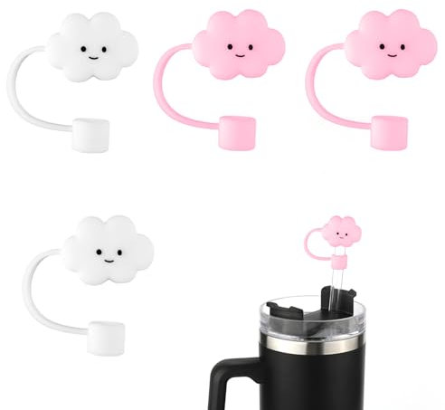 4pcs Couvre Paille Compatibles avec Stanley, Anti-Poussière Réutilisables Couvre Paille Nuages pour Gobelets à Bec Protecteur de Paille pour Stanley de 40/30 OZ Gobelet (Rose, Blanc)