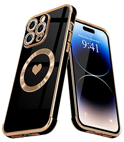 L-FADNUT for iPhone 15 Pro Max Case Plating Heart Compatible with Magsafe | Magnetic Luxury Plating, Cute Love Heart Soft Cover for Women Girls, Full Camera Lens Protection Phone Case, Black