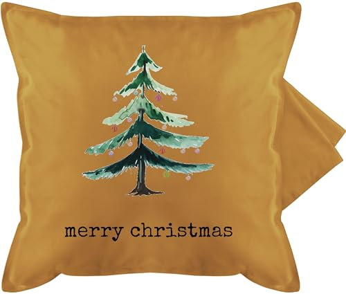 Kissenbezug - Weihnachtskissen Geschenke - Merry Christmas Aquarell Baum Wunschtext - 50 x 50 cm - Gelb - kissenhülle weihnachtsmotiv kissenbezüge weihnachtlich weihnachten tannenbaum