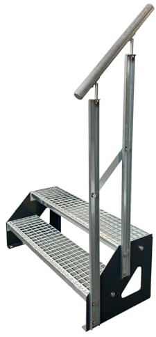 Kaminbau Mierzwa Premium Stahl Treppe Freistehend mit verzinktem Geländer Rechts/Wangen Anthrazit RAL 7016/2 Stufen verzinkt (Breite 1000 mm) (Höhe 38 cm) Gitterroststufe Gartentreppe