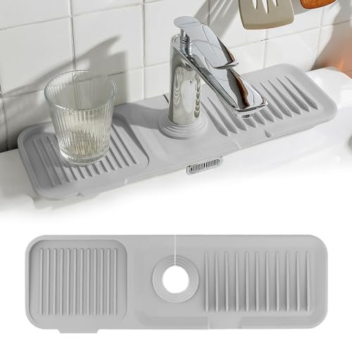 Ckbuity Silicone Sink Faucet Mat, Faucet Mat for Kitchen Sink Splash Guard, Silicone Faucet Handle Drip Catcher Tray for Kitchen Splash Drying Countertop Sink Protectors Absorbent Mat (Grey)