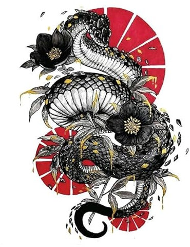 2 Feuilles D'Autocollants De Tatouage De Dragon Anti-Écailles Avec Un Serpent Noir De Style Chinois Et Des Fleurs Noires Couvrant Les Cuisses Et Les Brasfaux Tatouage Temporaire