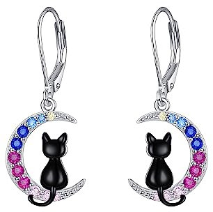 Schwarze Katze baumeln Ohrringe Katze Mond 925 Sterling Silber Ohrring Schmuck für Frauen