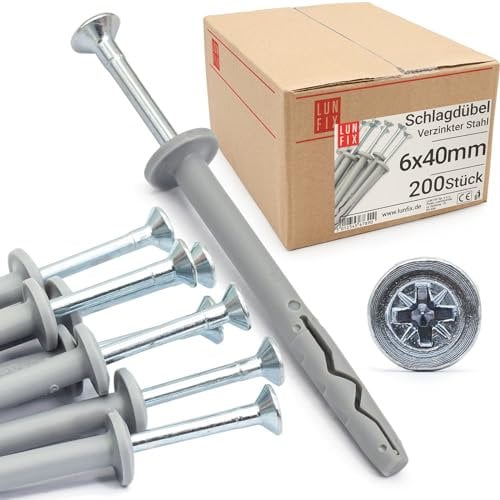 Lun Fix Lot de 200 chevilles à percussion 6,0 x 40 mm – Tête champignon – Cheville – Chevilles de cadre – Montage rapide – Vis à percussion – Vis à tête fraisée