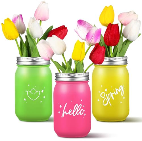 Hotop 15 Pcs Spring Tulips with 3 Mason Jar Table Centerpiece Multicolor Artificial Tulip Flowers Colorful Mason Jar Decoration Potted Tulips Flower for Office Wedding Party Floral Decorations