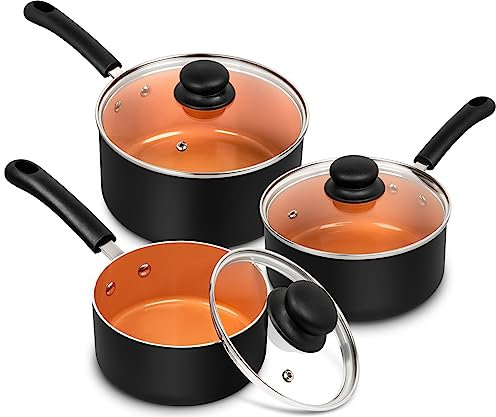 MICHELANGELO Ceramic Saucepan Set 1.5QT & 2QT & 3QT Nonstick Sauce Pans, PFAS-FREE Saucepan with Lid, Copper Saucepans Set of 3, Multipurpose Small Sauce Pot, Non Stick Sauce Pots, Dishwasher Safe