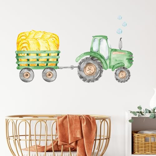 GRAZDesign Tranktor Wandtattoo Kinderzimmer Junge Trecker mit Anhänger in grün Babyzimmer 88x50cm