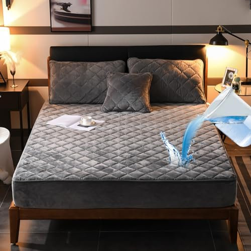 HAIBA Wasserdichtes Spannbettlaken 180×200cm grau Superweiches Spannbetttuch 3D-Flanell gesteppt mit Baumwolle-Füllung Verdicken Matratzenschoner Bettlaken für Bettauflagen bis 30 cm Hohe