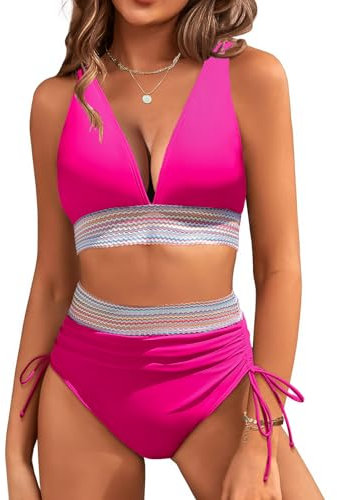 RITOSTA Costume da Bagno Donna a Vita Alta Due Pezzi Sexy Bikini Mare con Coulisse Costumi Push up Imbottito Scollo a V Reggiseno Swimwear Abiti da Spiaggia Tankini Estiva Beachwear (Rosso Rosa,S)