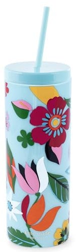 Kate Spade New York Acrylic Tumbler with Lid and Straw, 24 oz, Slim Double Wall Tumbler (Safari Floral)