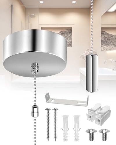 BrightArk Bathroom Ceiling Light Pull Cord Switch Top Mounted Round Ceiling Pendant Light Switch Fitting Kit with Chain Kit Chrome Plated Bathroom Accessories 150cm Cord Pull String Cylinder, Silver