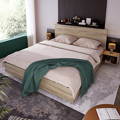 Soweiz Doppelbett Bettanlage 160x200cm mit 2 Nachtkommoden, inkl 2 Nachttischen Schlafzimmer Komplett-205.5x235x76.5cm(T/B/H) Set in Eiche Sonoma/Dunkelgrau