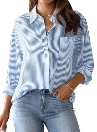 MINTLIMIT Women's Striped Button Down Shirts Long Sleeve Casual Blouse Tops with Pockets for Women 2024 Light Blue