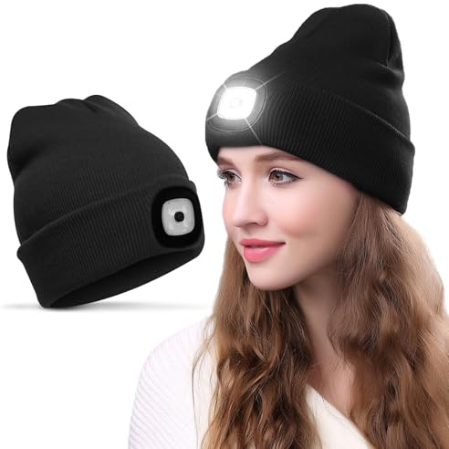 Led Mütze Kinder Winterwärmer Strick Nachthüte Kids LED beleuchtete Mütze mit Licht Warme Strickmütze Stirnlampen Winter Wärmer Haube mit LED Licht Geburtstag Geschenke für Junge Mädchen（Schwarz）