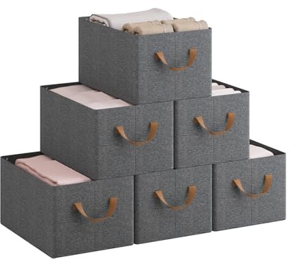 WOLTU Faltbare Aufbewahrungsboxen 6 Stück, Stoff-Aufbewahrungswürfel mit Griffen, Organizer Boxen für Regale, Stapelboxen zur Aufbewahrung, Grau, 47x28x20cm