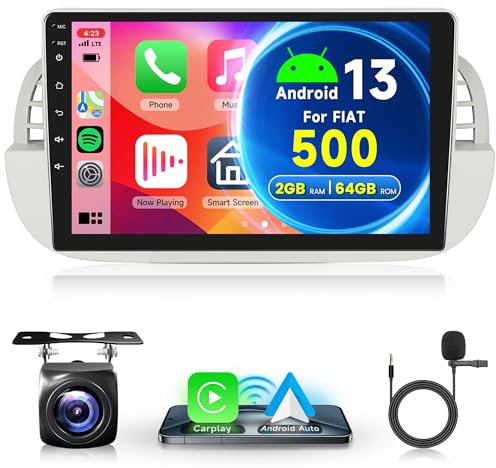 2G+64G Wireless Carplay Android Autoradio 2 Din per FIAT 500 2007-2015 9 Pollici Autoradio con Android Auto GPS Navi WiFi Mirror Link Bluetooth FM/RDS/DAB Telecamera Posteriore