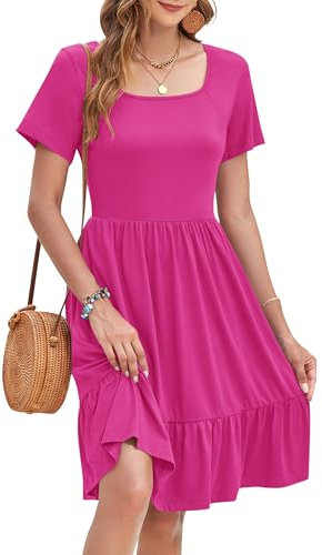 WNEEDU Femmes Robe D'été Manches Courtes Décontracté T-Shirt Robe de Plage Ourlet Plissé avec Poches