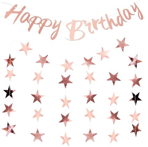 Bliceon Rose Gold Happy Birthday Decorations, Bunting Banner & 4M Hanging Pentagram Decor Party Supplies for Women and Girls - for Birthday Parties and Celebrations