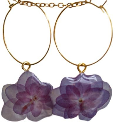 Real Pressed Purple Hydrangea Flower Gold Hoop Earrings – Handmade Floral Jewelry, Unique Nature-Inspired Gift for Women