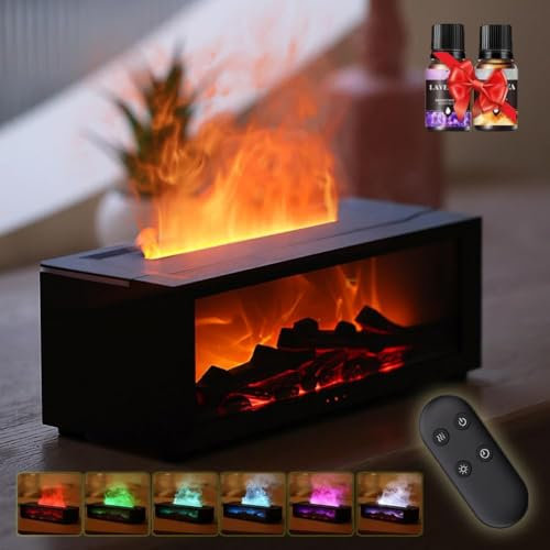 PKKP Aroma Diffuser Kamin, Flammen Aroma Diffuser, 150ML LED Kamin Bonfire Diffuser mit 7 Farben Licht und Timer, Fireplace Diffuser mit Fernbedienung, DuftöL Diffuser für Zuhause Büro (Schwarz)