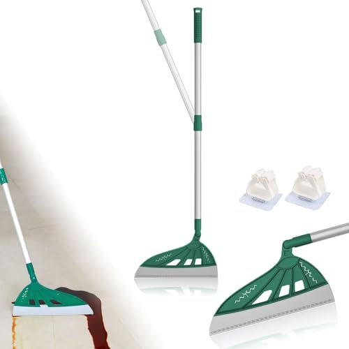 Magic Broom Household Silicone Broom, Multifunction Squeegee with 2 Heads - Brush and Scrape, Magic Broom Sweeper with Extra-Long Adjustable Aluminum Handle for Floor, Glass, Tile (Green)