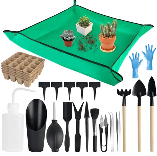 succulentlovers Juego de 26 herramientas para suculentas, el kit de herramientas de jardinería interior incluye alfombrilla de trasplante de plantas de 39 pulgadas y 19 mini herramientas de mano para