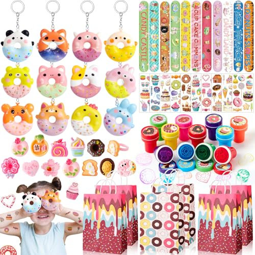 Tacobear 72pcs Donuts Pinata Anniversaire Fille Sac Cadeau Anniversaire Enfants Invites Sachet Bonbon Squishy Porte-Clés Bague Tampon Tatouage Bracelet Goodies Anniversaire Enfant Pinata Jouet Fille
