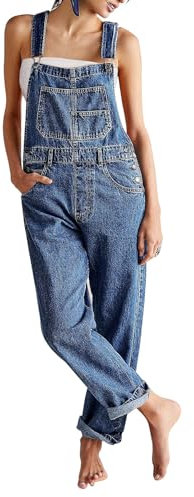 Sovoyontee Damen Denim Bib Overalls Verstellbare Träger Breite Beine Hohe Taille Jean Hosen Latzhosen Mit Taschen Dunkelblau M
