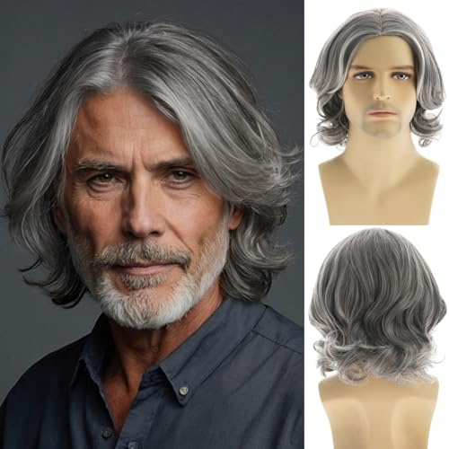 Dsimeig Herren Grau Perücke Kurze Wellige Bob Synthetische Cosplay Party Ersatz Haar Perücke
