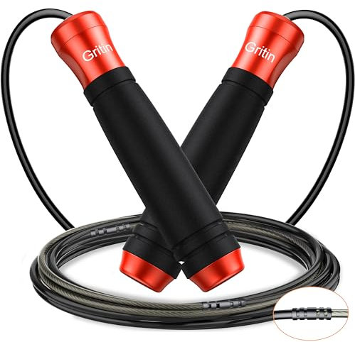 Gritin Springseil, Speed Rope Verstellbar mit Rutschfest & Ergonomisch Griffe, 3 Meter Länge Einstellbar Seil mit Skalenmarkierung, für Fitness & Ausdauer & Seilspringen, inkl. Längenversteller