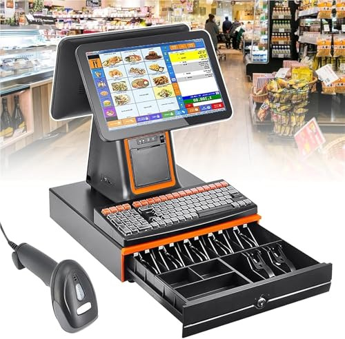 Lbxlhr Caisse Enregistreuse Tactile Double Écran, Système De Point De Vente Tactile 15,6 Pouces, 8 Go + 128 Go, Imprimante De Reçus Intégrée, Caisse Enregistreuse Intelligente Tout-en-Un(White)
