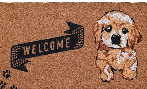 COCONIQ Coir Door Mats 43x76 cm, Non-Slip Sturdy, PVC Backed Heavy Duty, Easy to Clean, Ideal for Door Entrance, Patio, Porch, Backyard, Garages, Cute Little Puppy Welcome