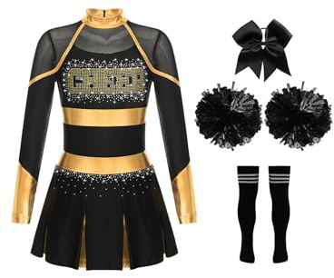Lejafay Kids Girls Cheer Leader Outfits Halloween Cheerleading Dance Dress Uniform with Headwear Pom Pom Socks Set Gold&Black 12 Years