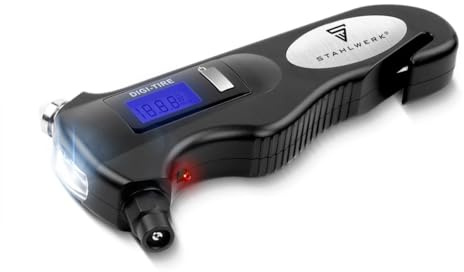 STAHLWERK 5-in-1 Reifendruckprüfer mit LED-Licht – Digitaler Luftdruckprüfer, Gurtschneider, Notfallhammer, Arbeitsleuchte, Multifunktionales Luftdruckmessgerät für PKW, Fahrrad, Auto
