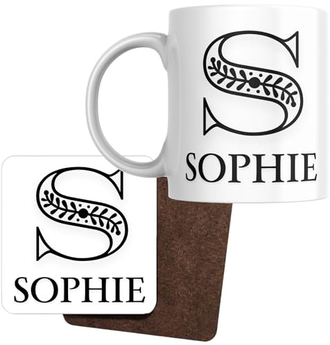Designs of note! Sophie Personalised Initial Name Mug and Coaster Set | Personalised Letter S Coffee Mug and Coaster, Novelty Gift for Sophie