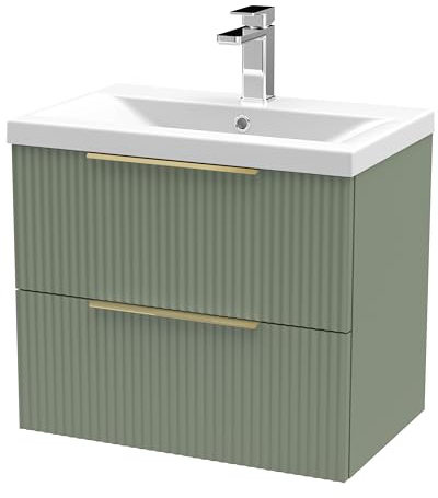 Balterley Vanity Unit with Basin Wall Hung, 2 Drawer Soft Close with Mid Edge Sink and Handles, Bathroom Vanity Units with Basin, Fluted Front Sink Cabinet - 610 x 390 x 540mm (Green)