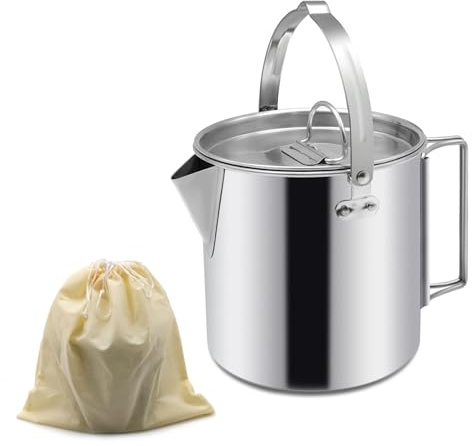 1.2L Camping Pot Stainless Steel Tea Kettle Outdoor Water Boiler | Portable kettle for Camping Bushcraft and Travel, Lightweight - 365g, Foldable handle with Carry Bag