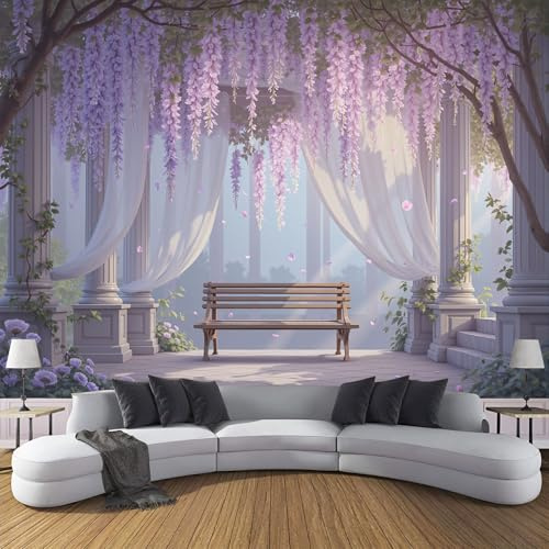 Seide Fototapete Glyzinie 3D Effekt Tapeten Terrasse Mit Transparentem Vorhang XXL Wandtapete Wand Dekoration für Wohnzimmer, Kinderzimmer, Schlafzimmer, Tv - 150x105cm, Lila