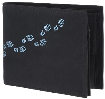Oxmox Geldbörse Herren/Portemonnaie Damen | Wallet mit RFID Schutz | New Cryptan (Vegan) | 5 Kreditkartenfächer | Querscheinbörse Querformat | schwarz | Footsteps 2.0 Print Cyan