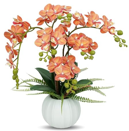 orchidea finta realistica, Fiori di orchidea finti con vaso piante finte da interno per decorare il soggiorno, la camera da letto, la cucina e il tavolo (arancione)