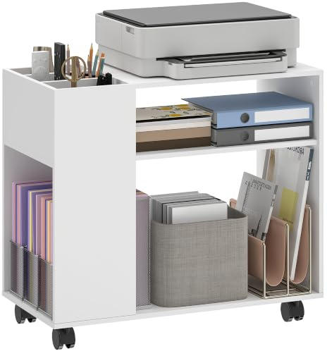 HOMCOM Druckertisch mit Rollen mit Unterteiltem Fach 70 x 34 x 60 cm Weiß | Druckerständer, Ablageflächen, Schreibtisch Organizer für Drucker, Druckerwagen für Büro Fax Scanner Office
