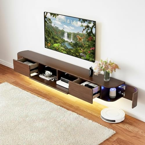 NOYHHAV Floating TV Stand Solid wood Wall Mounted TV Shelves Television Media Console Walnut+LED lights