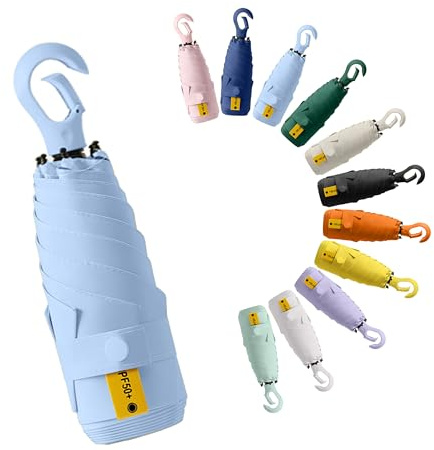 Mini Viaje Sombrilla De Mano Portátil Paraguas Plegable Compacto con Asa De Anilla Mosquetón, UPF 50+ Protección UV,Solar y Lluvia,Bolsillo,Costillas De Fibra De Vidrio, Ligero,Niños Mujeres